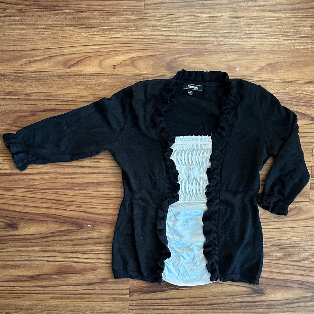Vintage black ruffle cardigan with built in white pleated blouse